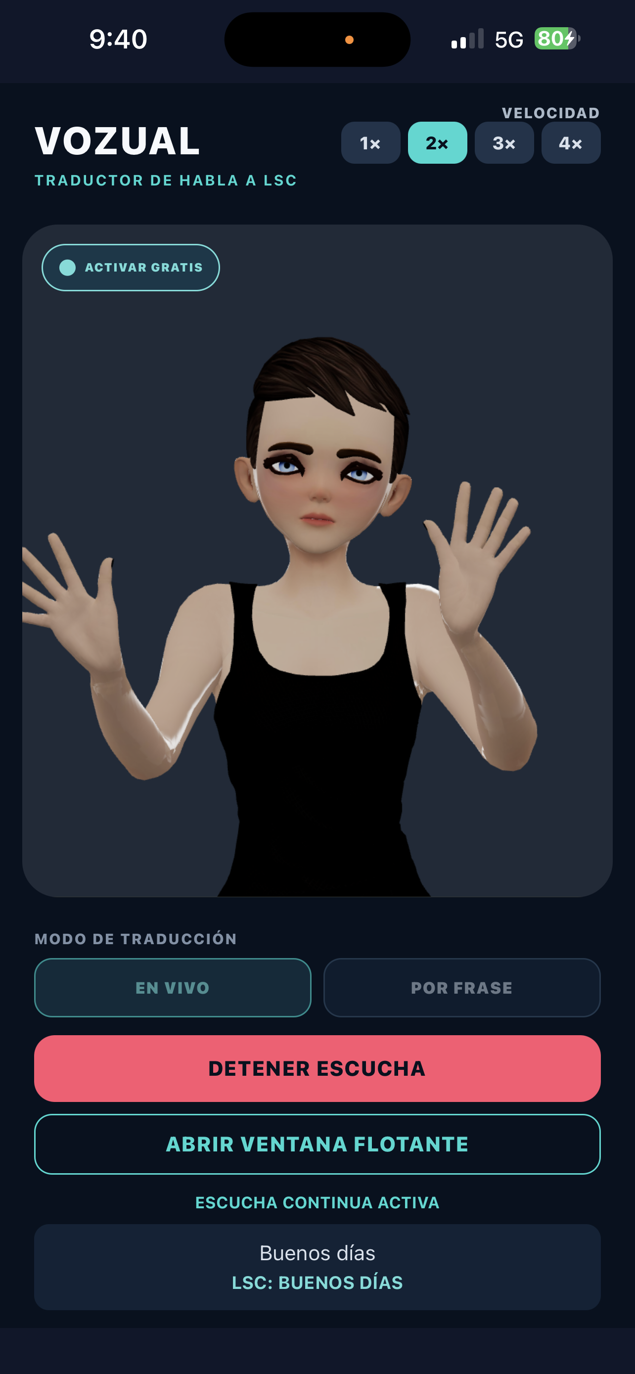 Pantalla de VOZUAL con el avatar realizando una seña